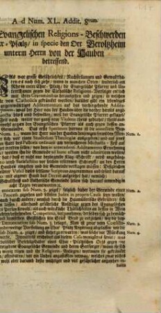 Ad Num. XL. Addit. 8vum. Der Evangelischen Religions-Beschwerden in Chur-Pfaltz, in specie den Ort Beroltzheim unterm Herrn von der Hauben betreffend