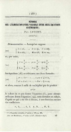 Mémoire sur l'élimination d'une variable entre deux équations algébriques. [Fortsetzung]