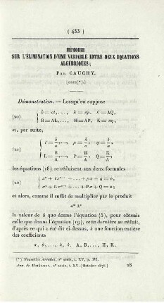 Mémoire sur l'élimination d'une variable entre deux équations algébriques. [Fortsetzung]