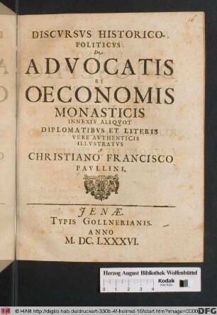 Discursus Historico-Politicus De Advocatis Et Oeconomis Monasticis