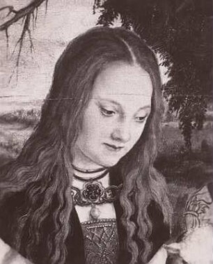 Katharinenaltar, linker Flügel : Ausschnitt mit dem Brustbild der Heiligen Dorothea