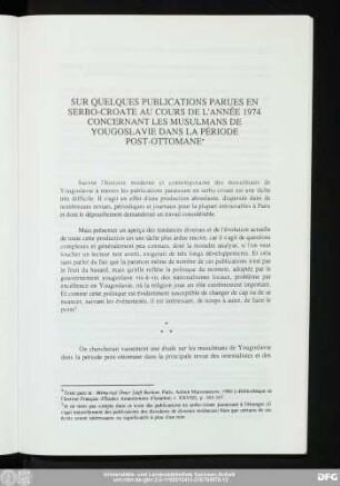 Sur Quelques Publications Parues En Serbo-Croate Au Cours De L'Année 1974 Concernant Les Musulmans De Yougoslavie Dans La Période Post-Ottomane