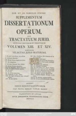 Vol. 13/14: Continens Selectas Juris Materias ... : Accessit Index Rerum Praecipuarum
