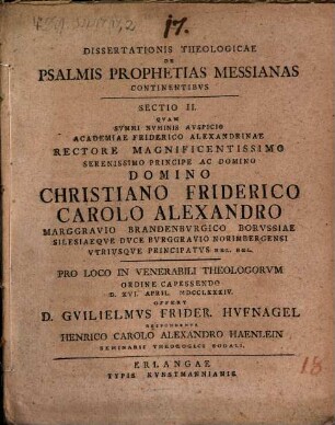 Dissertationis theologicae de Psalmis prophetias Messianas continentibus : [Sectio II.]