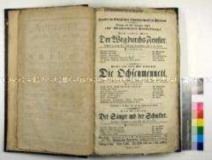 Theaterzettel des Theaters im Königlichen Schauspielhaus zu Potsdam für die Premiere und 45. Abonnements- vorstellung der Lustspiele "Der Weg durchs Fenster", "Die Ochsenmenuett" und "Der Sänger und der Schneider"