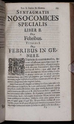 Syntagmatis Nosocomices Specialis Liber II. De Febribus