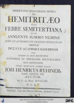 Dissertatio Inauguralis Medica De Hemitritaeo Sive Febre Semitertiana