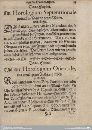 Das 5. Capitel. Ein Horologium Septentrionale zu machen/so gerad gegen Mitternacht stehet.