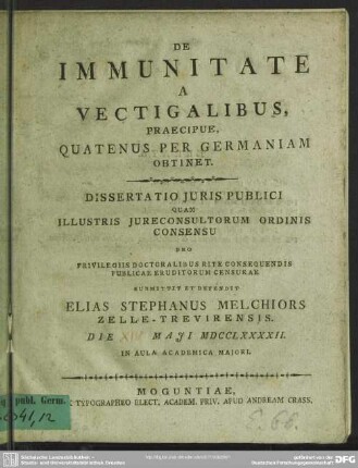 De Immunitate A Vectigalibus, Praecipue, Quatenus Per Germaniam Obtinet : Dissertatio Iuris Publici