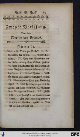 Zweyte Vorlesung. Von dem Werthe des Reimes.