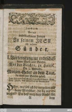 Die I. Andacht. Morgen-Gebet an dem Tage, da man zur Beichte gehet.