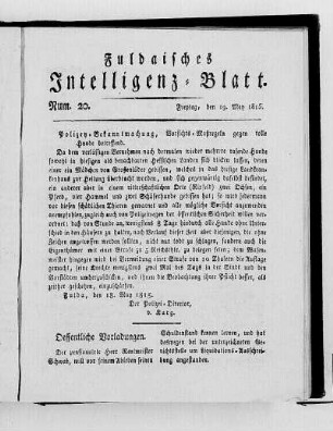 Num. 20, Ausgabe vom 19. May 1815