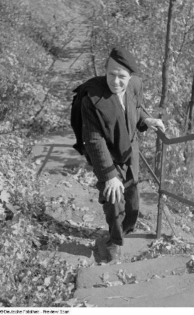 Portrait Roger Rössings beim Wandern, auf einer Treppe
