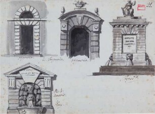 Zwei Portale der Villa Lante - Aufriss eines Denkmals oder Brunnens - Aufriss eines Wandbrunnens
