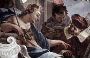 Zwei Gelehrte mit der Personifikation der Weisheit vor einer Hafenszene: "Melior est aquisitio scientiae negotiatione argenti" (Sprüche, 3:14)