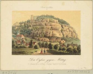 Das Dorf Oybin und die barocke Bergkirche vor dem Berg Oybin im Zittauer Gebirge von Süden