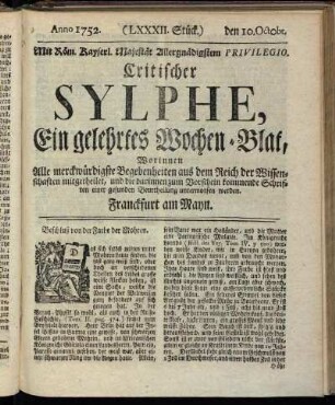 (LXXXII. Stück.) den 10. Octobr. Anno 1752.