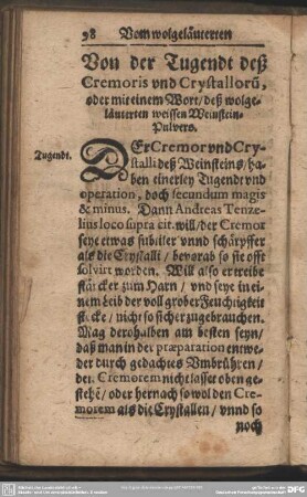 Von der Jugendt deß Cremoris und Crystalloru, oder mit einem Wort, deß wolgeläuterten weissen Weinsteinpulvers