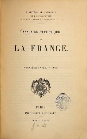 Annuaire statistique de la France. 9. 1886