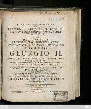 Dissertatio 1: Dissertatio ... De Litteris Reqvisitorialibvs Ex Vsu Romanorvm Antiqviori Et Recentiori