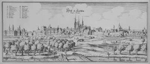 Halle von Westen, aus: Topographia Saxoniae Inferioris, Seite 110