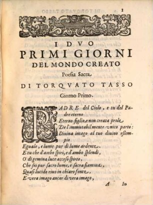 I Dve Primi Giorni Del Mondo Creato : Poesia Sacra