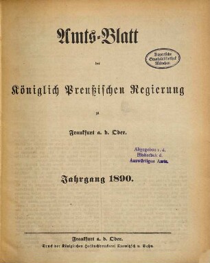 Amtsblatt der Regierung zu Frankfurt a.d. Oder. 1890