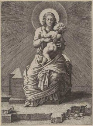 Jungfrau mit Kind, auf einem Stein sitzend