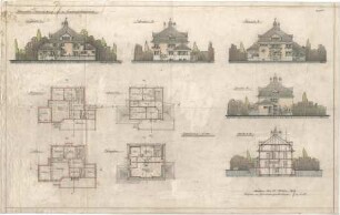 Reiffenstuel, Carl; Würzburg; Städt. Gaswerk, Direktionsgebäude - Grundriss Keller, Grundriss EG, Grundriss OG, Grundriss DG, Ansicht, Schnitt