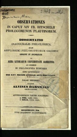 Observationes in caput XIV Fr. Ritschelii prolegomenon Plautinorum