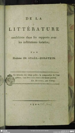 De La Littérature : considérée dans ses rapports avec les institutions sociales