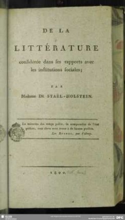 De La Littérature : considérée dans ses rapports avec les institutions sociales