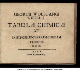 Georgii Wolfgangi Wedelii Tabulae Chimicae XV. In Synopsi Universam Chimiam Exhibentes