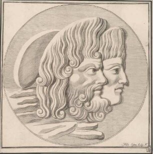 Zwei Masken, Abb. 27 aus: Disegni intagliati in rame di pitture antiche ritrovate nelle scavazioni di Resina, Neapel 1746