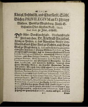 Königl. Pohlnisch. und Chirfürstl. Sächs. Bücher-Privilegium ...