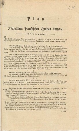 Plan zur Königlichen Preußischen Quinen-Lotterie : [Berlin, den 28sten May 1810 ; Auf Seiner Königlichen Majestät allergnädigsten Special-Befehl]