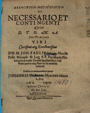 Exercitium Metaphysicum De Necessario Et Contingenti