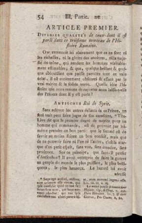 Article Premier. Diverses Qualités de ceux-dont il est parlé dans ce troisième morceau de l'Histoire Romaine.