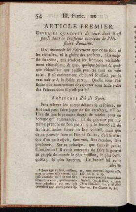 Article Premier. Diverses Qualités de ceux-dont il est parlé dans ce troisième morceau de l'Histoire Romaine.