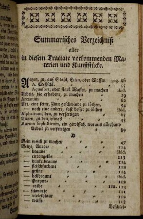 Summarisches Verzeichniß aller in diesem Tractate vorkommenden Materien und Kunststücke.