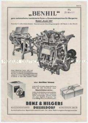 "Benhil" ganz automatische kombinierte Form- und Einwickelmaschine für Margarine "Modell Exakt 100"