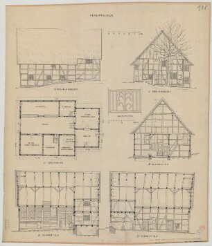 Hoppecke (Kreis Brilon): Haus Peter-Heinrich Becker. - Haupthaus (Grundriss, Südansicht, Westansicht, Schnitte). - Kratzmuster am Haupthaus (Ansicht)