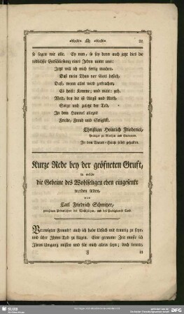 Kurze Rede bey der geöfneten Gruft, in welche die Gebeine des Wohlseligen eben eingesenkt werden solten