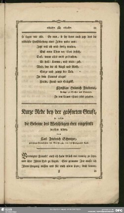 Kurze Rede bey der geöfneten Gruft, in welche die Gebeine des Wohlseligen eben eingesenkt werden solten