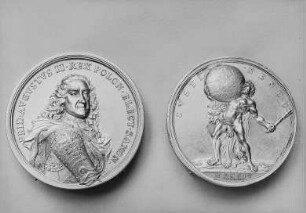 2 Silbermedaille links: Bildnis Friedrich August II., König von Polen und Kurfürst von Sachsen; rechts: Herkules, die Weltkugel tragend