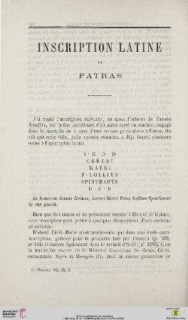 N.S. 10.1864: Inscription latine de Patras