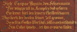 Teil einer Wandvertäfelung mit dem Schrifttext zu Caspar Aquila (M.064, Reformatorenzimmer)