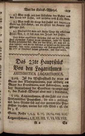 Das 23te Hauptstück. Von den Logarithmen.