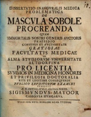 Dissertatio Inavgvralis Medica Problematica De Mascvla Sobole Procreanda