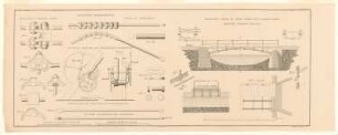 Kettenbrücke, Malapane und Röhrenbrücke, Peitz: Bl. 27: Details der Kettenbrücke, Seilwalze zur Aufstellung der Portale; Längsansicht, Querschnitt und Details der Röhrenbrücke (aus: Bauausführungen des preußischen Staats, Bd. 1)